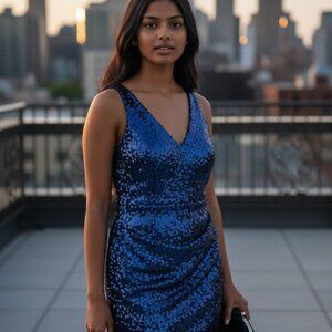 Nightway/R&M Richards Women's Sequin Sheath Sleeveless Dress Blue Size 14 Prom